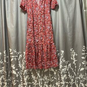 LOFT Red and Pink Ruffled Midi Dress